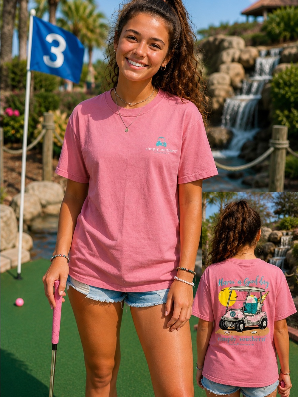 Simply Southern Pink Short Sleeve Tee with Beach Golf Cart Graphic